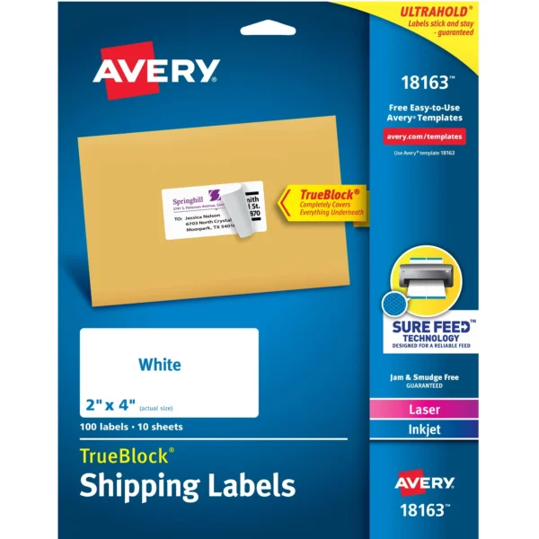 Avery Shipping Labels, White, 2" x 4", Sure Feed, Laser, Inkjet, 100 Paper Labels (18163) 0.396 lb