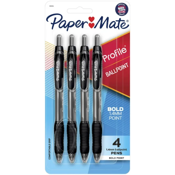 Paper Mate Profile Retractable Ballpoint Pens, 1.4 mm Bold Point, Black, 4 Count