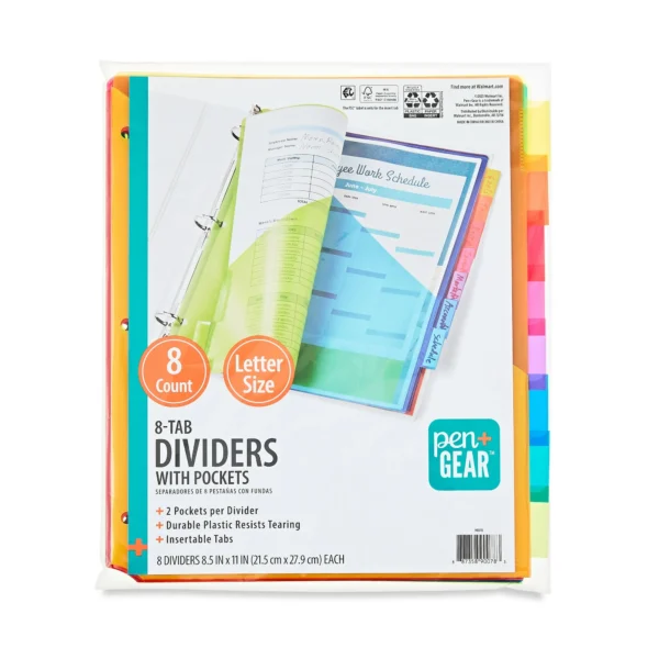 Pen+Gear Vibrant Color 8-Tab Dividers with Pockets, Regular, Model 90078