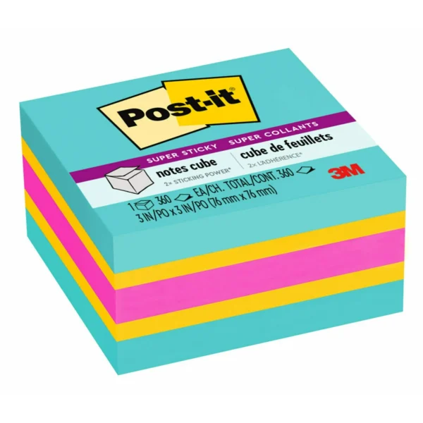 Post-it Super Sticky Notes Cube, 3 in x 3 in, Bright Colors, 1 Cube